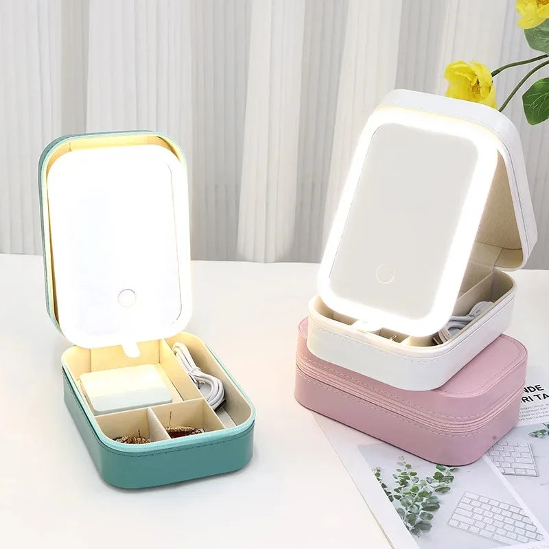 LED Mirror Makeup Storage Box Portable Travel Makeup Case