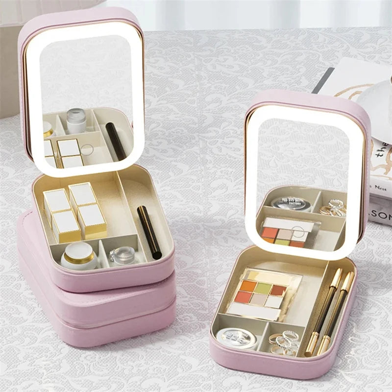 LED Mirror Makeup Storage Box Portable Travel Makeup Case