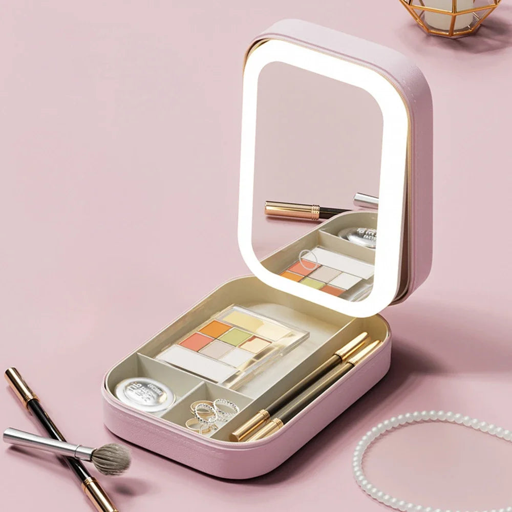 LED Mirror Makeup Storage Box Portable Travel Makeup Case