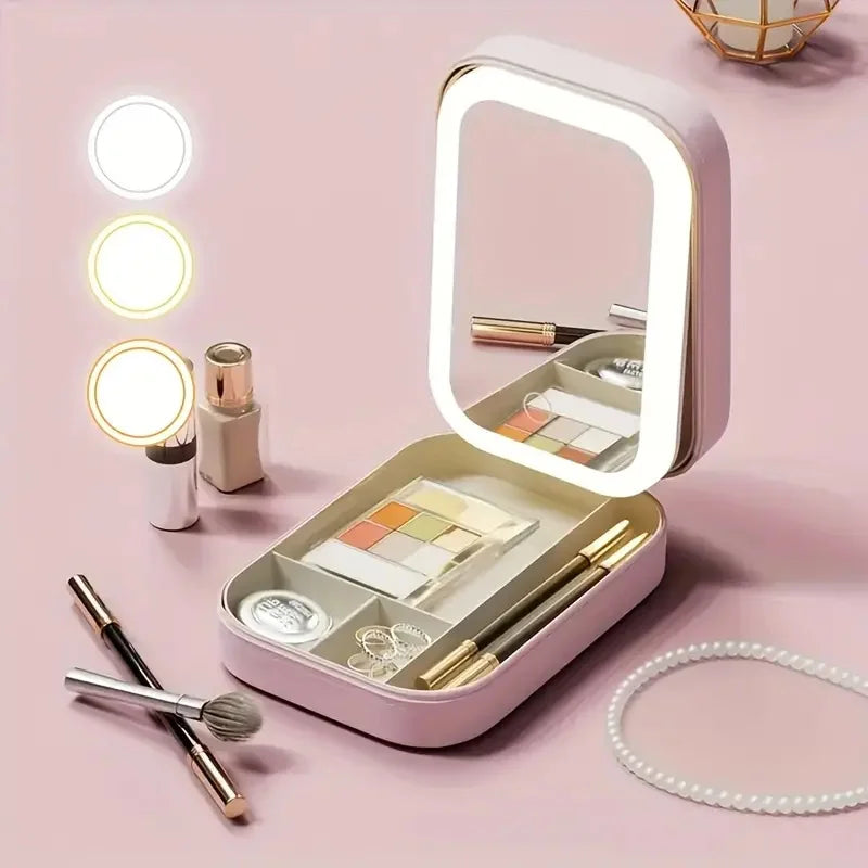 LED Mirror Makeup Storage Box Portable Travel Makeup Case