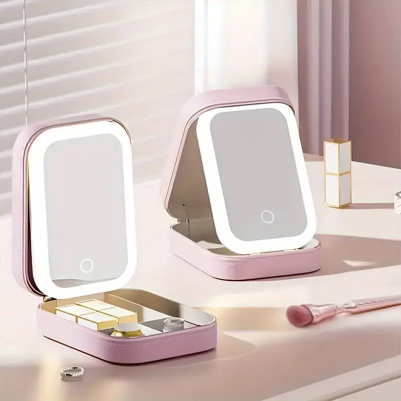 Makeup Storage Box Led Light Mirror Portable Travel Cosmetics Storage Box 