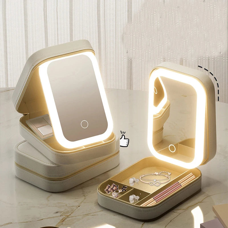 LED Mirror Makeup Storage Box Portable Travel Makeup Case